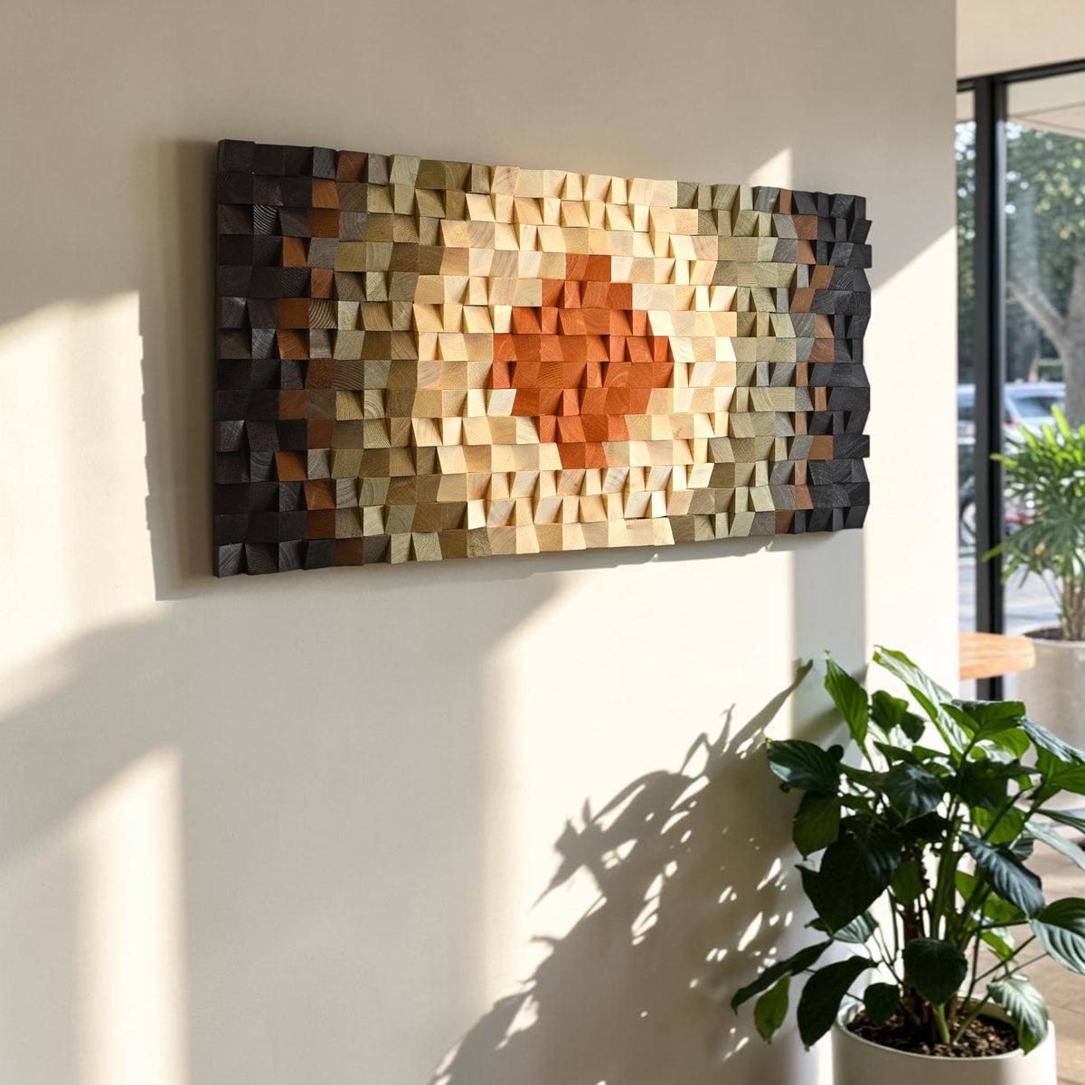 3D Wood Mosaic Wall Art — Geometric Reclaimed Wood Statement Panel