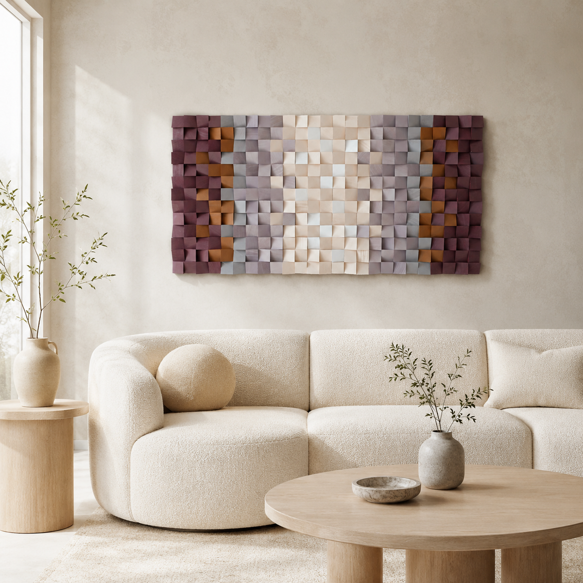 Flora 3D Wood Mosaic Wall Art in Plum, Blush & Ivory Handmade Large Statement Wall Decor