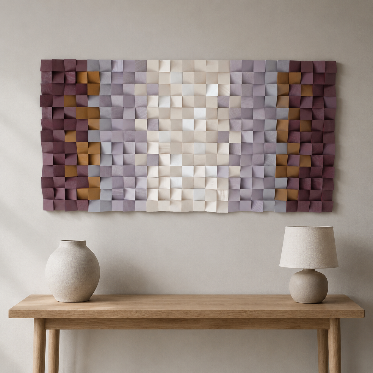 Flora 3D Wood Mosaic Wall Art in Plum, Blush & Ivory Handmade Large Statement Wall Decor