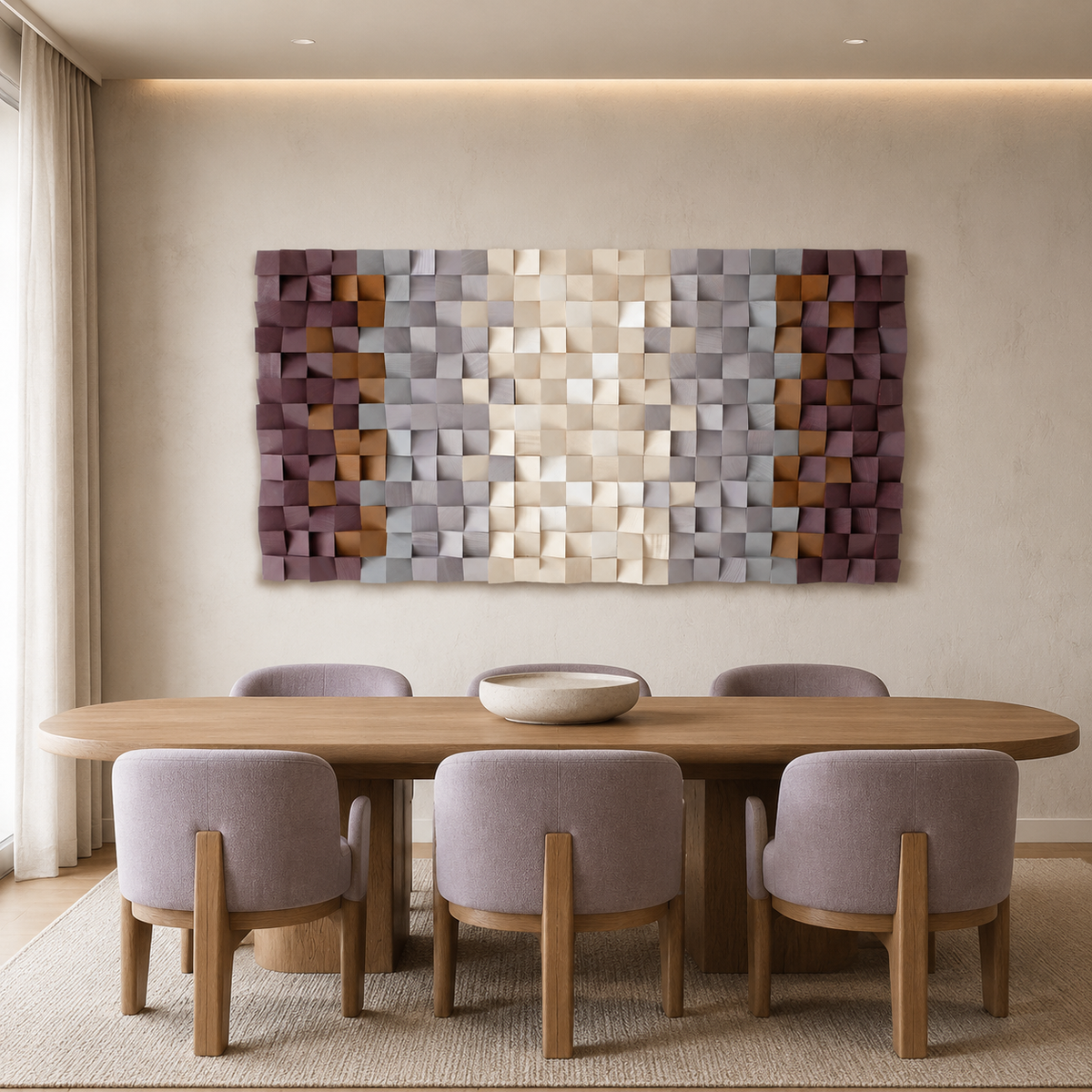 Flora 3D Wood Mosaic Wall Art in Plum, Blush & Ivory Handmade Large Statement Wall Decor