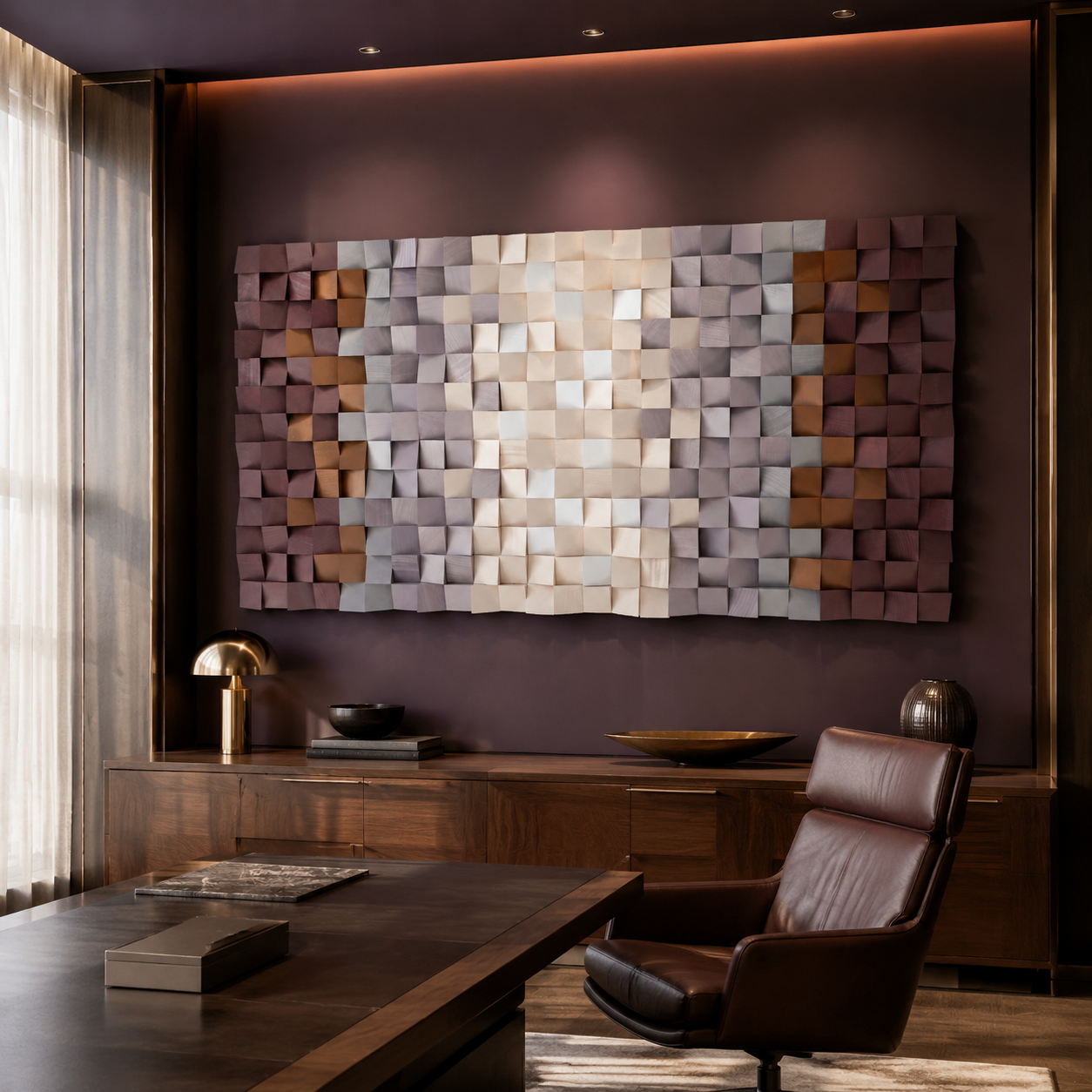 Flora 3D Wood Mosaic Wall Art in Plum, Blush & Ivory Handmade Large Statement Wall Decor