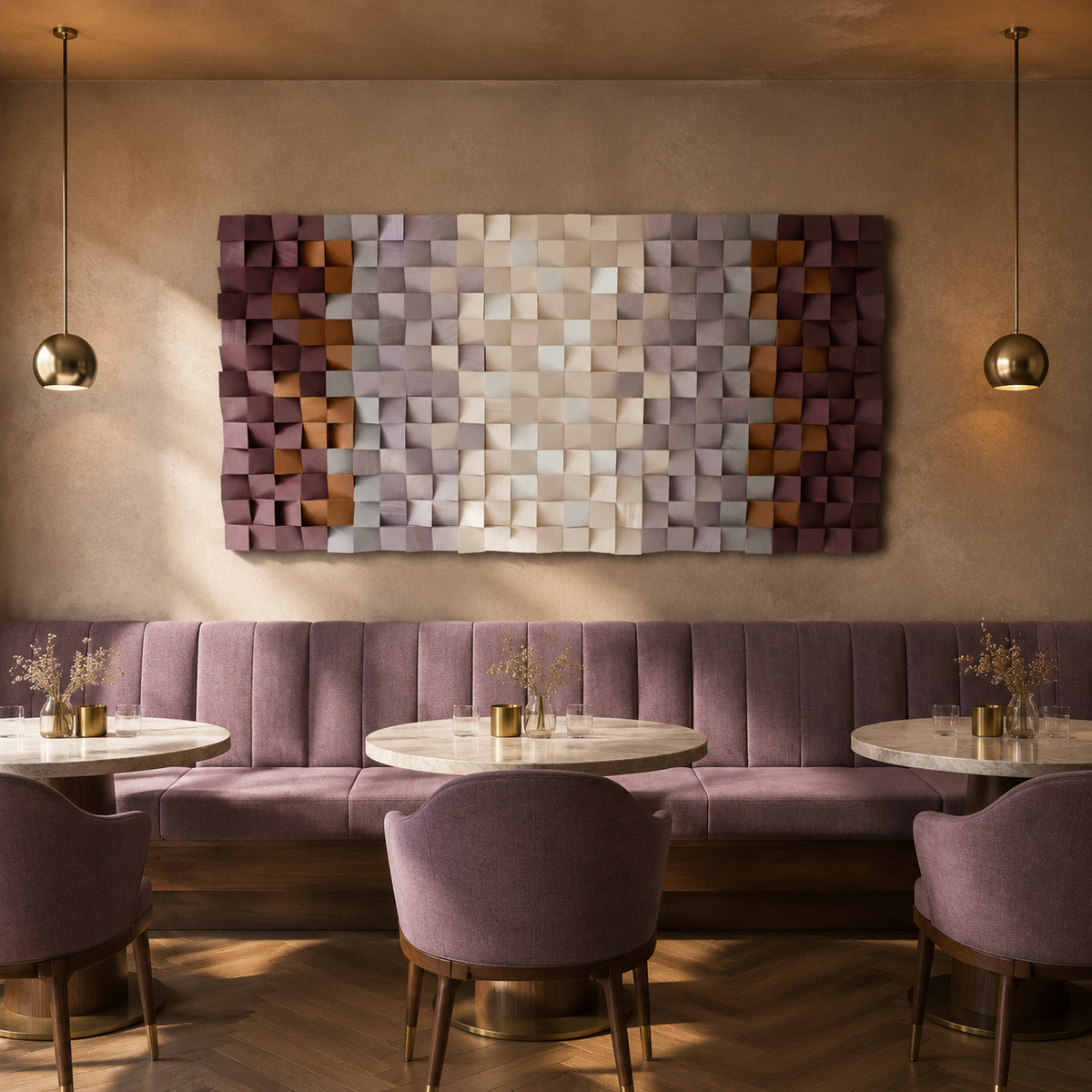 Flora 3D Wood Mosaic Wall Art in Plum, Blush & Ivory Handmade Large Statement Wall Decor