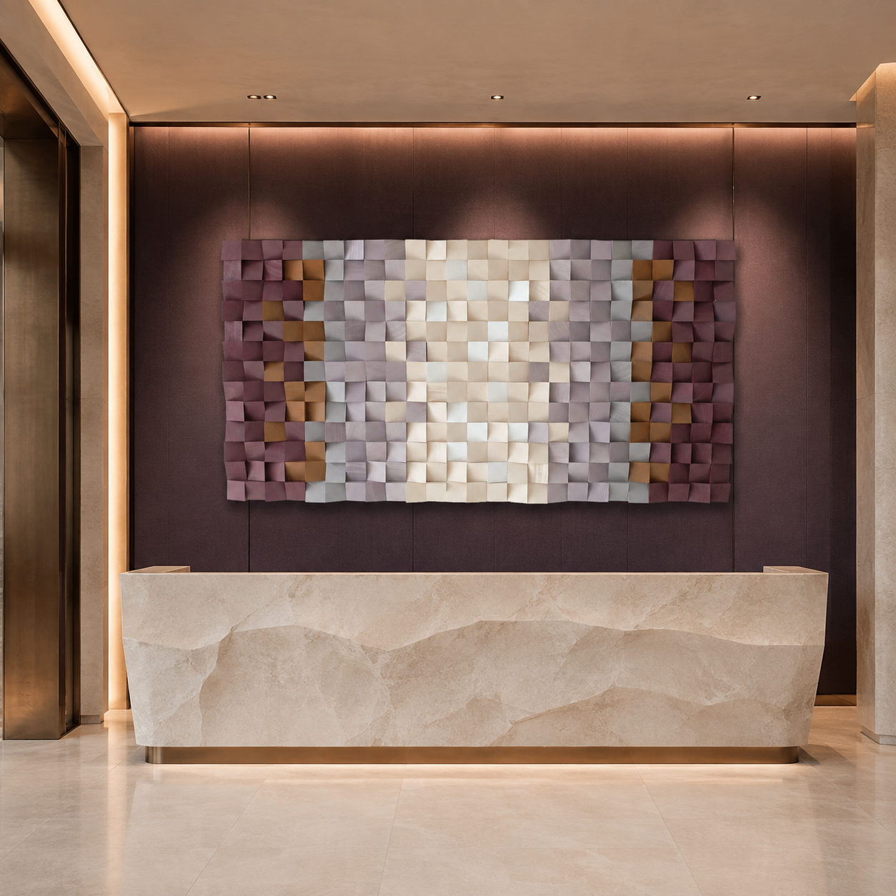 Flora 3D Wood Mosaic Wall Art in Plum, Blush & Ivory Handmade Large Statement Wall Decor