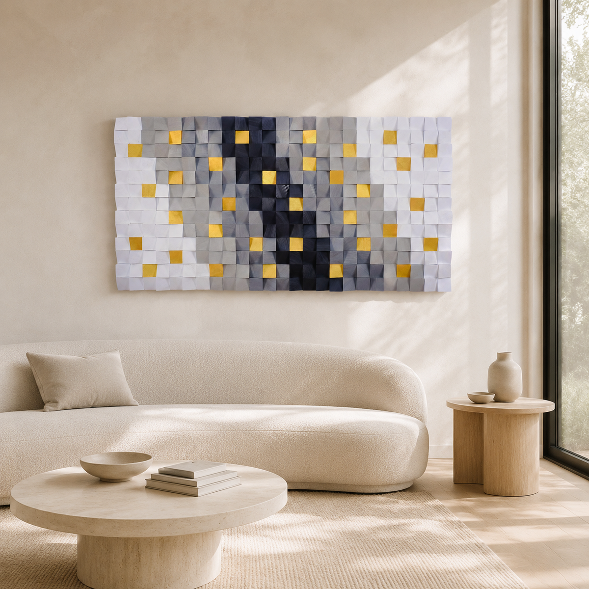 Hemera 3D Wood Mosaic Wall Art in White, Grey & Gold Leaf | Handmade Large Statement Wall Decor