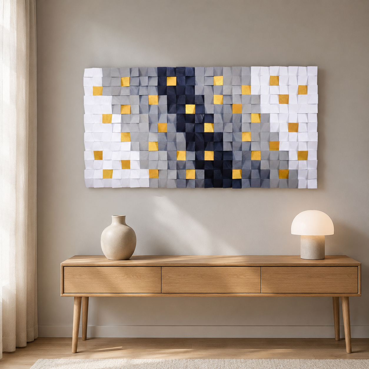 Hemera 3D Wood Mosaic Wall Art in White, Grey & Gold Leaf | Handmade Large Statement Wall Decor
