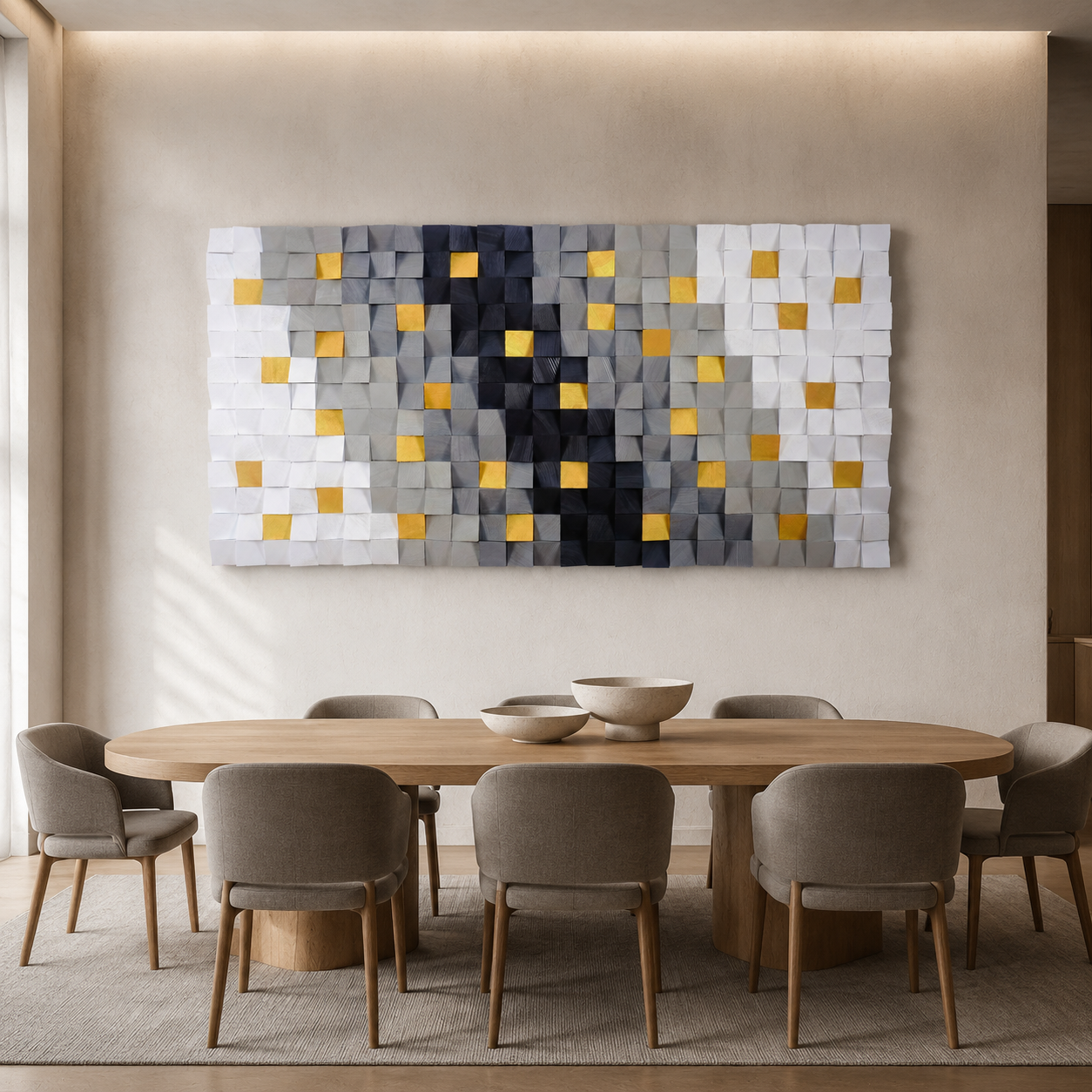 Hemera 3D Wood Mosaic Wall Art in White, Grey & Gold Leaf | Handmade Large Statement Wall Decor