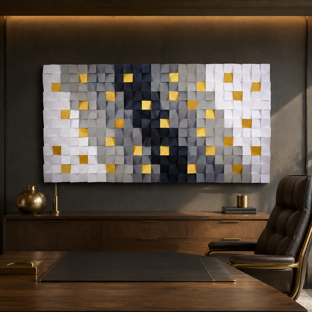Hemera 3D Wood Mosaic Wall Art in White, Grey & Gold Leaf | Handmade Large Statement Wall Decor