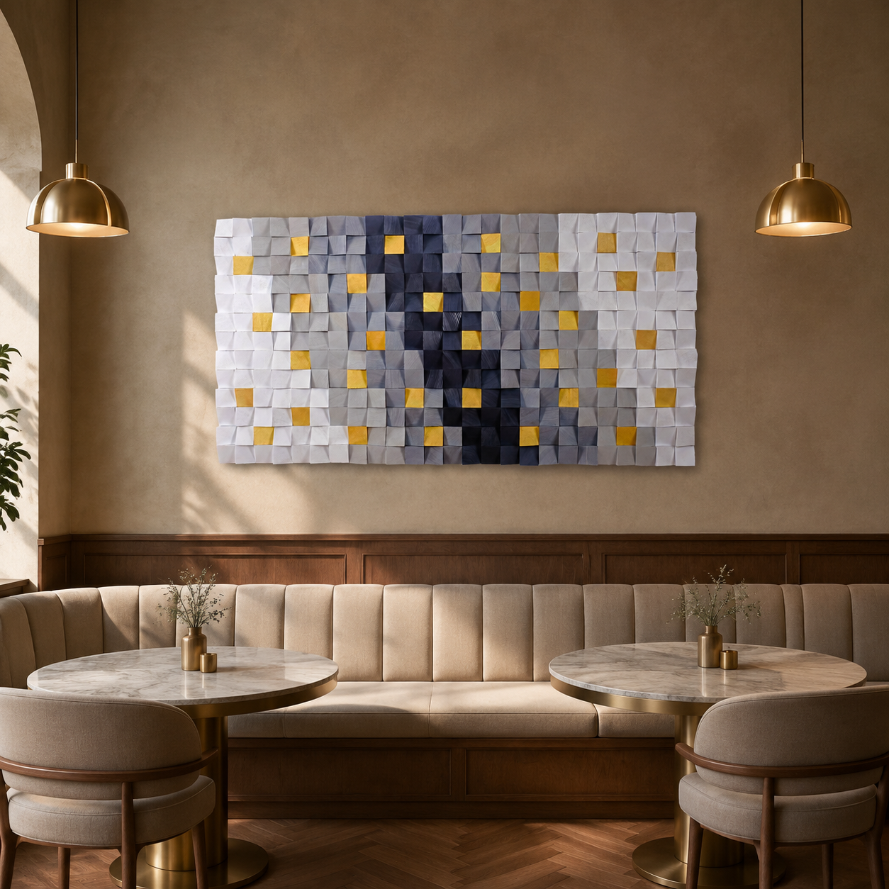 Hemera 3D Wood Mosaic Wall Art in White, Grey & Gold Leaf | Handmade Large Statement Wall Decor