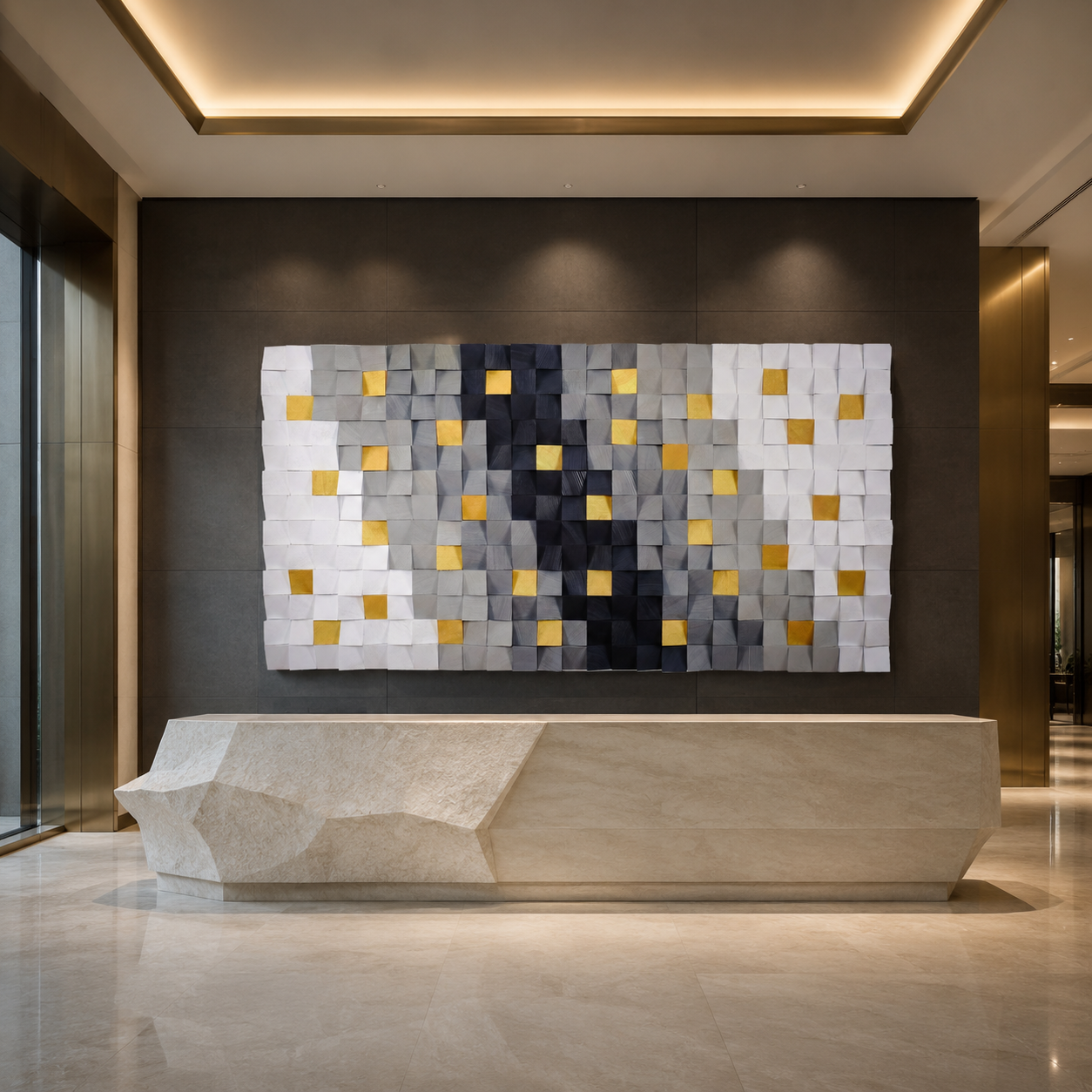 Hemera 3D Wood Mosaic Wall Art in White, Grey & Gold Leaf | Handmade Large Statement Wall Decor