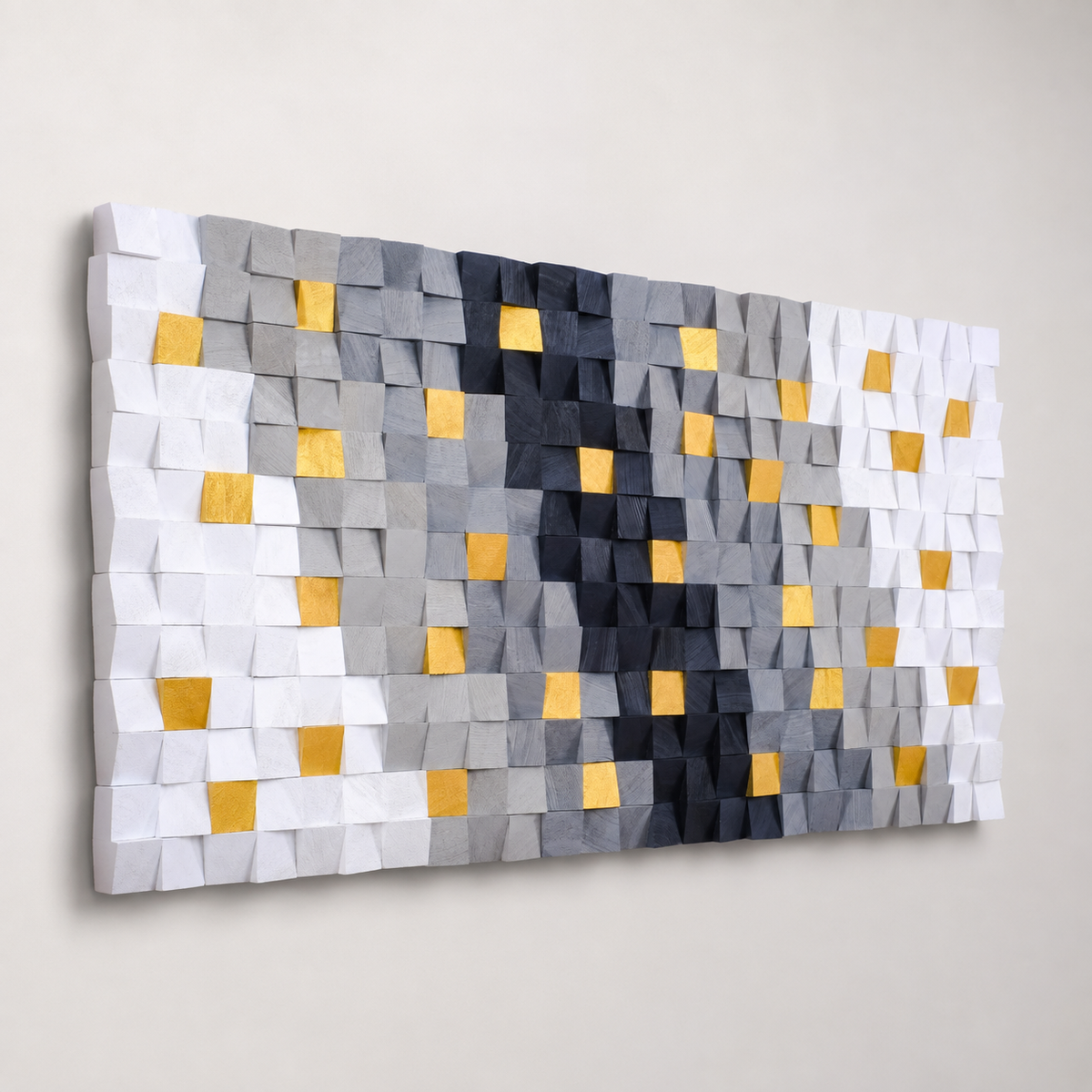 Hemera 3D Wood Mosaic Wall Art in White, Grey & Gold Leaf | Handmade Large Statement Wall Decor