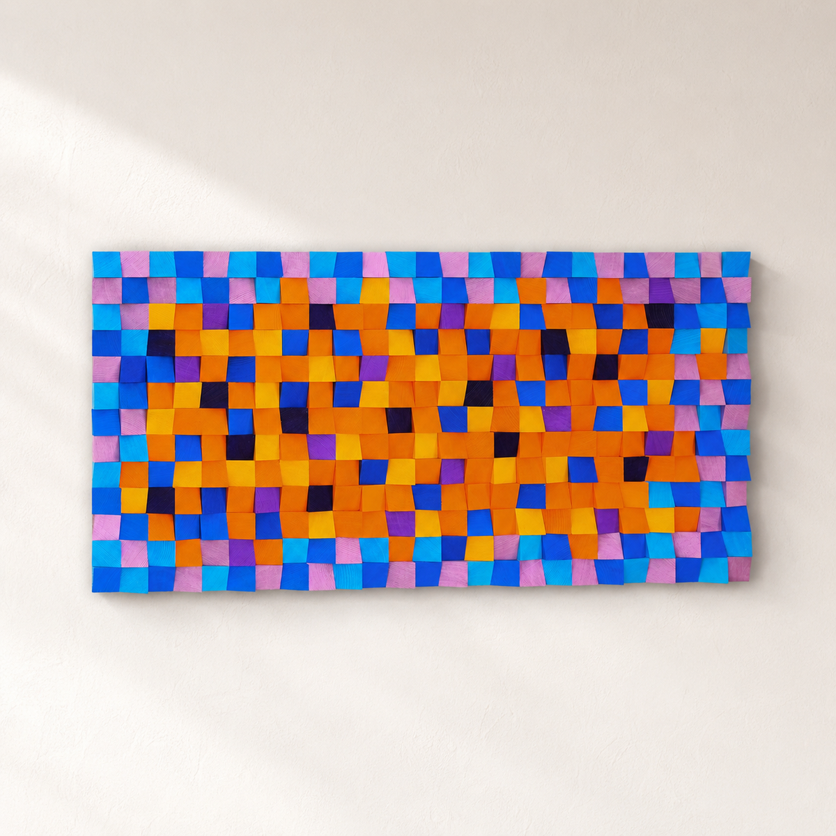 Colorful 3D Wood Wall Art Handmade Mosaic Panel in Orange, Blue & Pink Bold Modern Wall Decor
