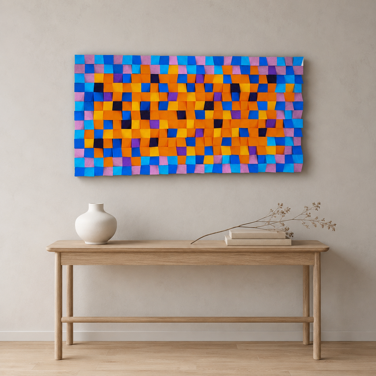 Colorful 3D Wood Wall Art Handmade Mosaic Panel in Orange, Blue & Pink Bold Modern Wall Decor