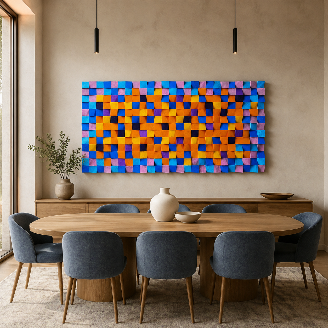 Colorful 3D Wood Wall Art Handmade Mosaic Panel in Orange, Blue & Pink Bold Modern Wall Decor