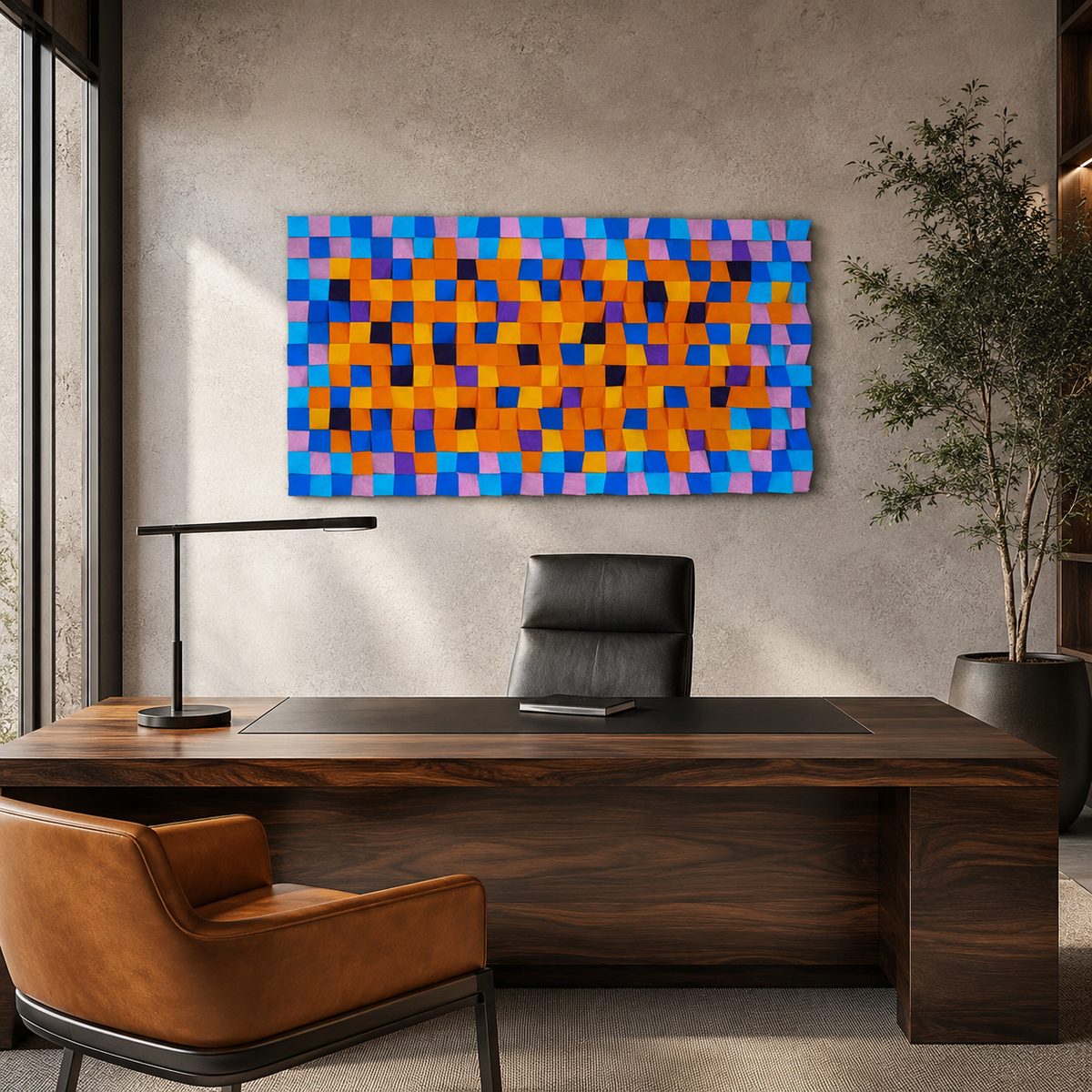 Colorful 3D Wood Wall Art Handmade Mosaic Panel in Orange, Blue & Pink Bold Modern Wall Decor