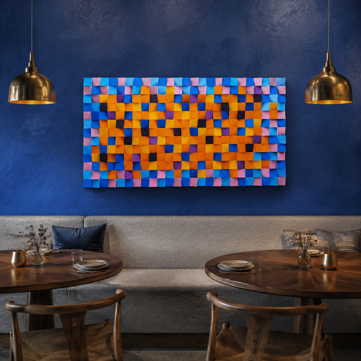 Colorful 3D Wood Wall Art Handmade Mosaic Panel in Orange, Blue & Pink Bold Modern Wall Decor