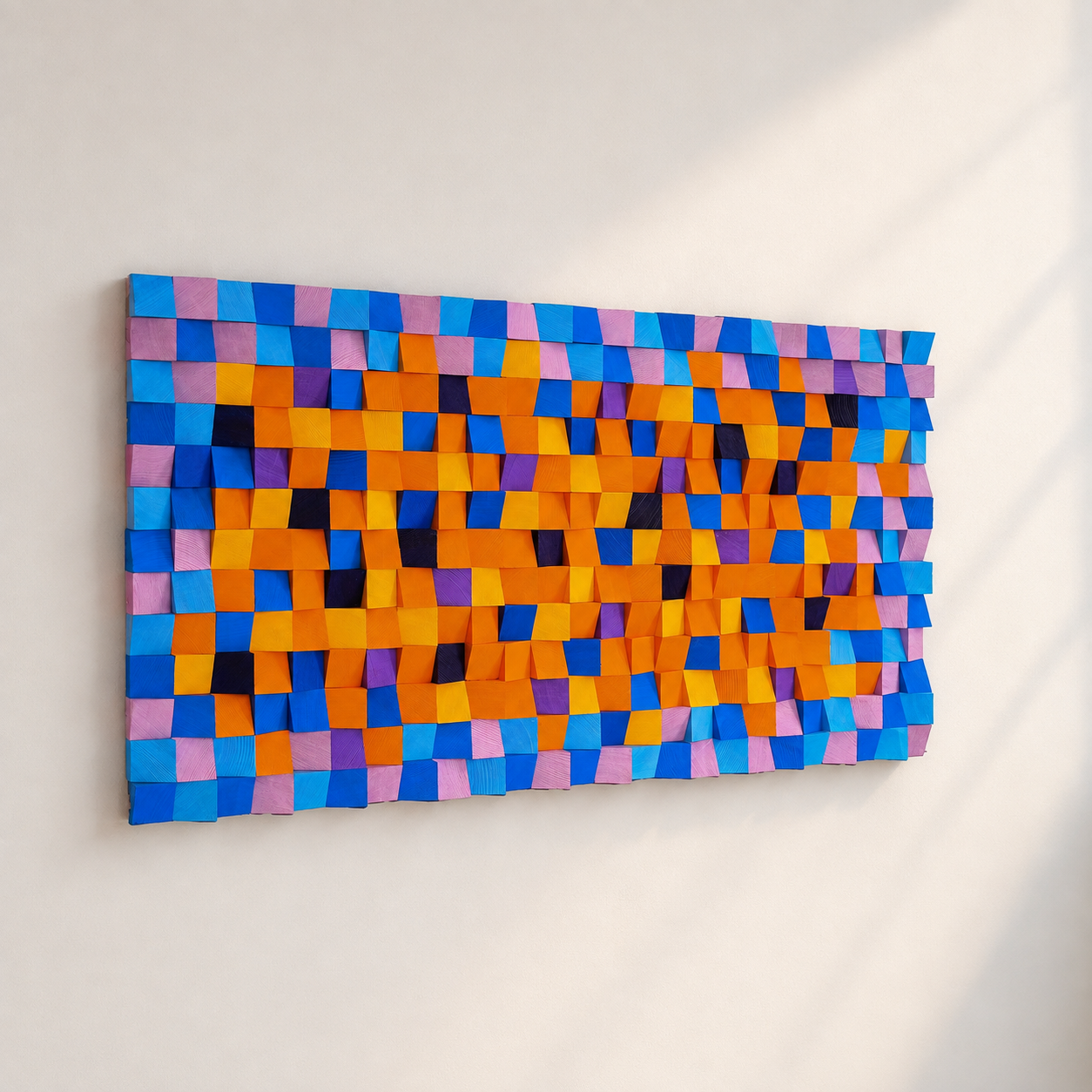 Colorful 3D Wood Wall Art Handmade Mosaic Panel in Orange, Blue & Pink Bold Modern Wall Decor