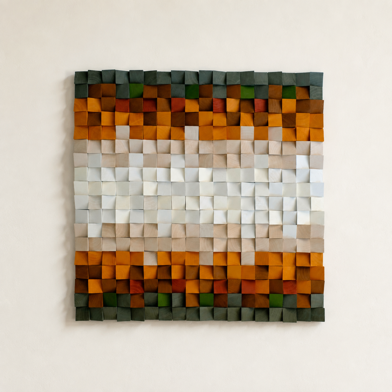 Jupiter 3D Wood Mosaic Wall Art in Amber, Cream & Forest Green  Handmade Square Statement Wall Decor