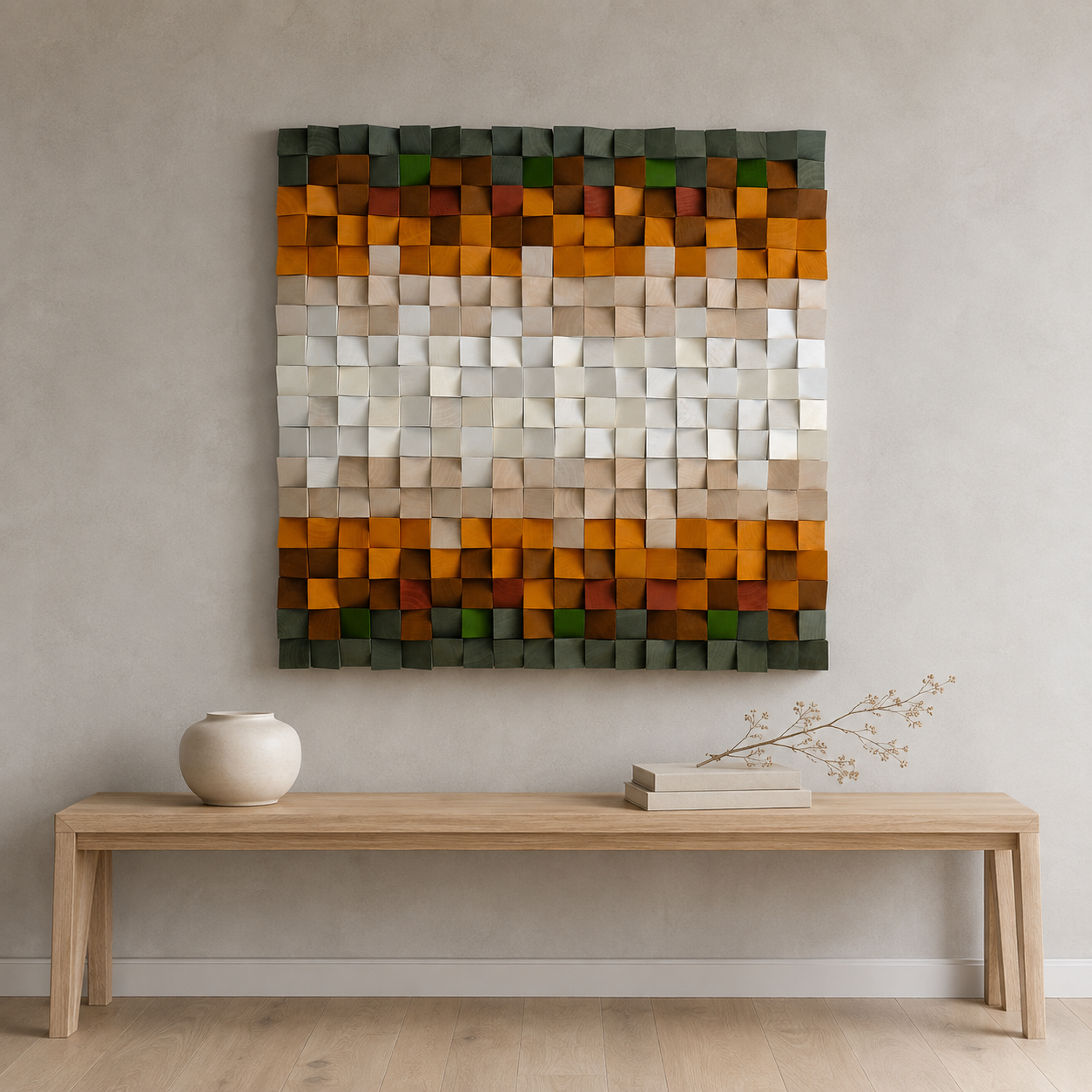 Jupiter 3D Wood Mosaic Wall Art in Amber, Cream & Forest Green  Handmade Square Statement Wall Decor