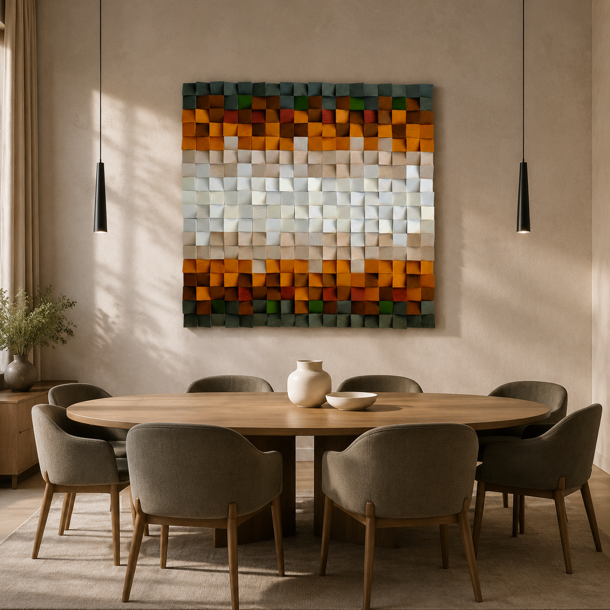 Jupiter 3D Wood Mosaic Wall Art in Amber, Cream & Forest Green  Handmade Square Statement Wall Decor