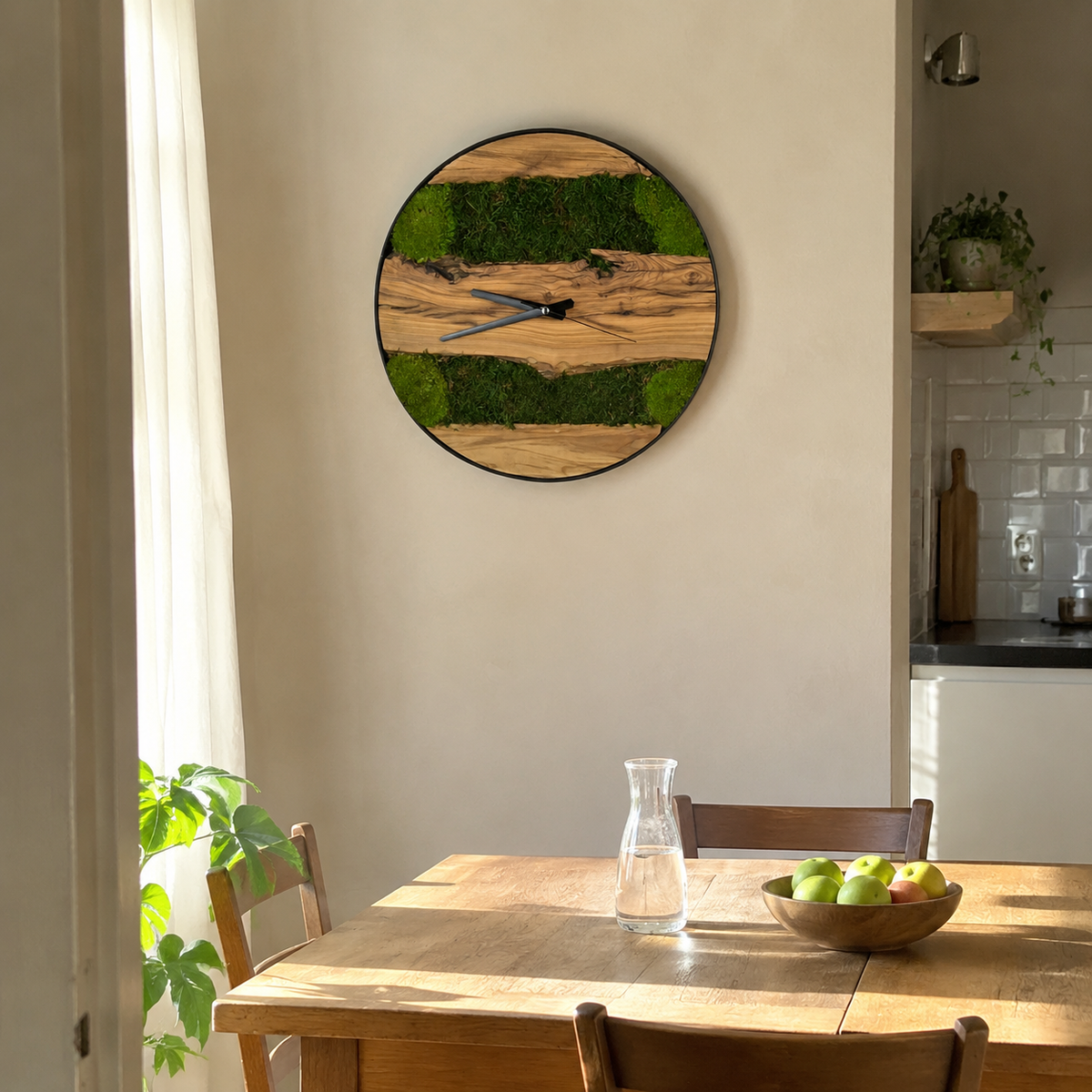 Moss & Olive Wood Wall Clock Preserved Moss Live Edge Clock in a Black Metal Ring  Biophilic Wall Decor