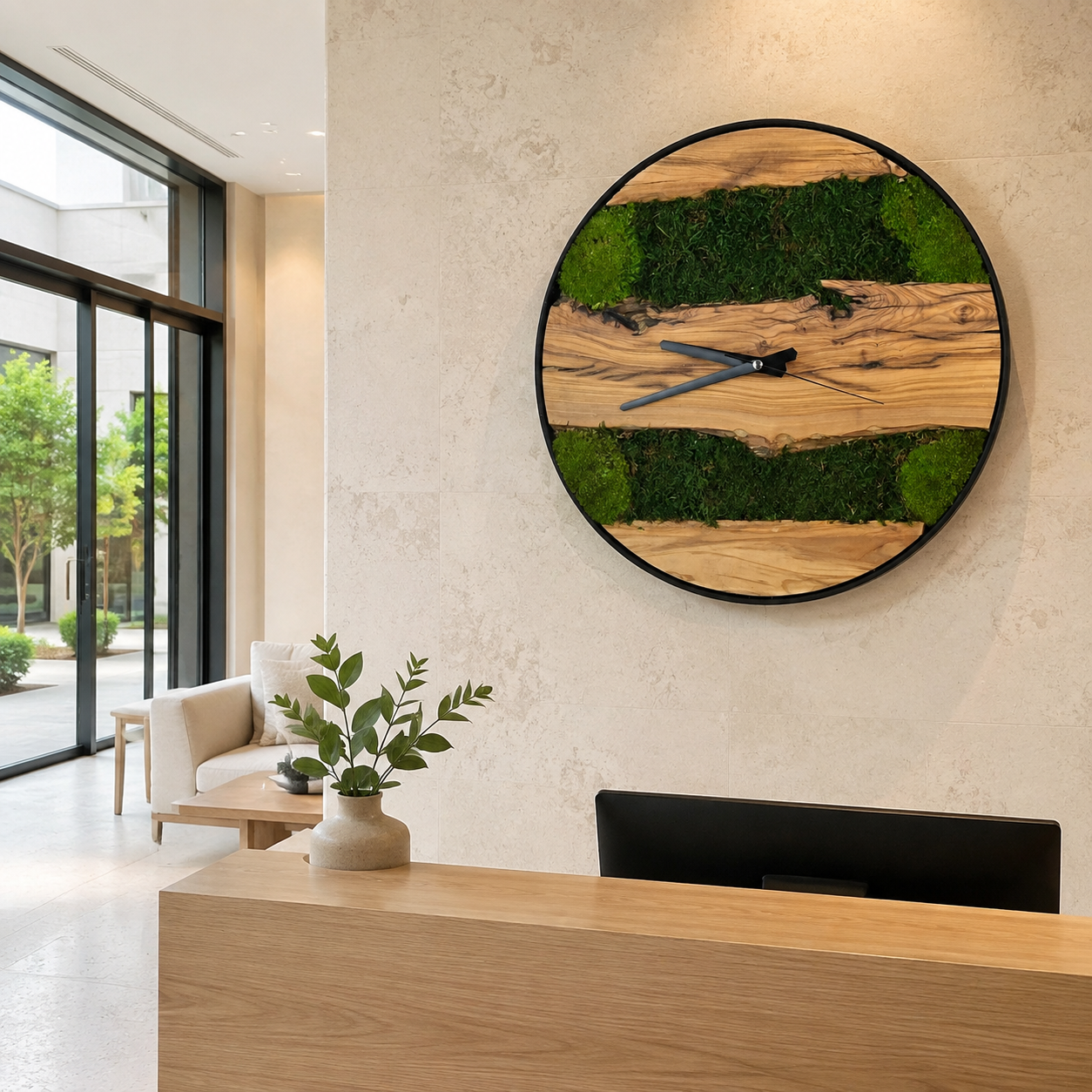 Moss & Olive Wood Wall Clock Preserved Moss Live Edge Clock in a Black Metal Ring  Biophilic Wall Decor