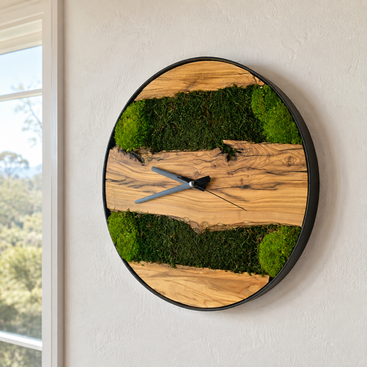 Moss & Olive Wood Wall Clock Preserved Moss Live Edge Clock in a Black Metal Ring  Biophilic Wall Decor