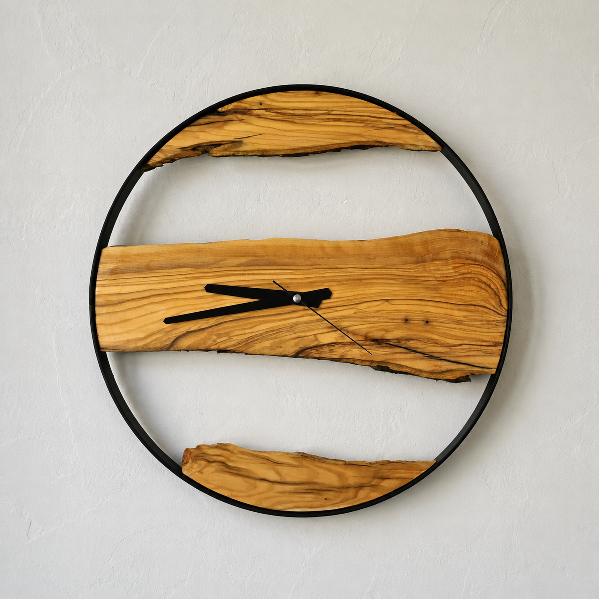 Olive Wood Wall Clock  Live Edge Wooden Clock in a Black Metal Ring Silent Modern Wall Decor