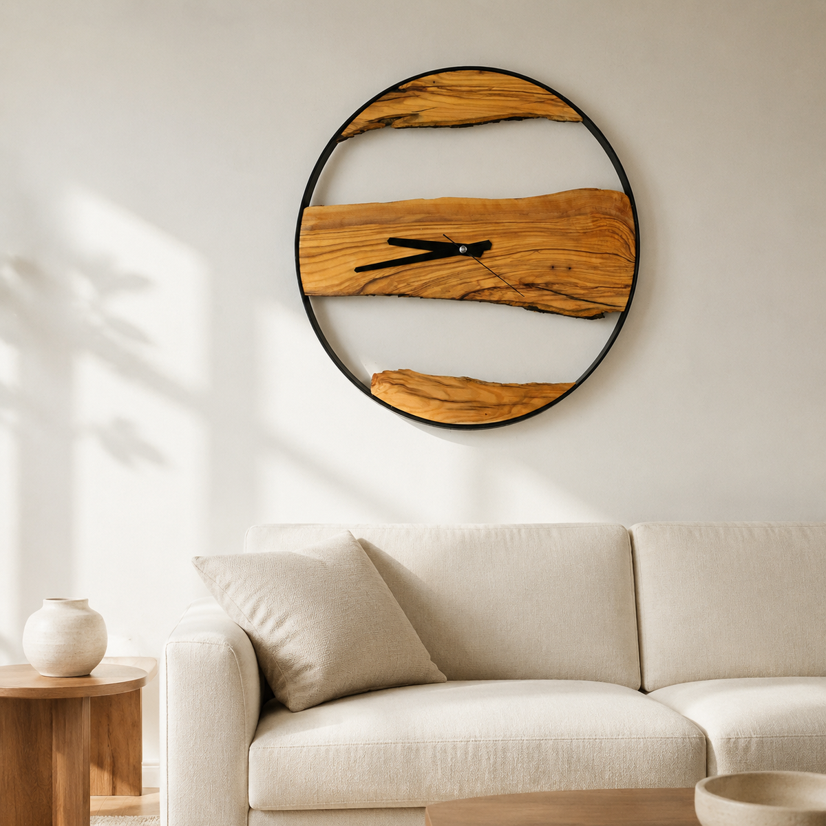 Olive Wood Wall Clock  Live Edge Wooden Clock in a Black Metal Ring Silent Modern Wall Decor