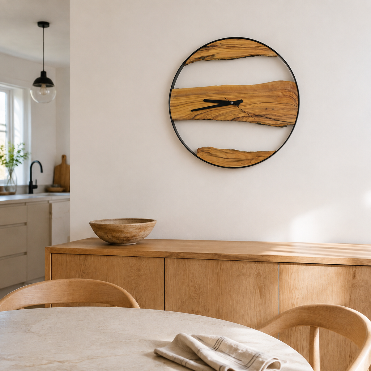 Olive Wood Wall Clock  Live Edge Wooden Clock in a Black Metal Ring Silent Modern Wall Decor