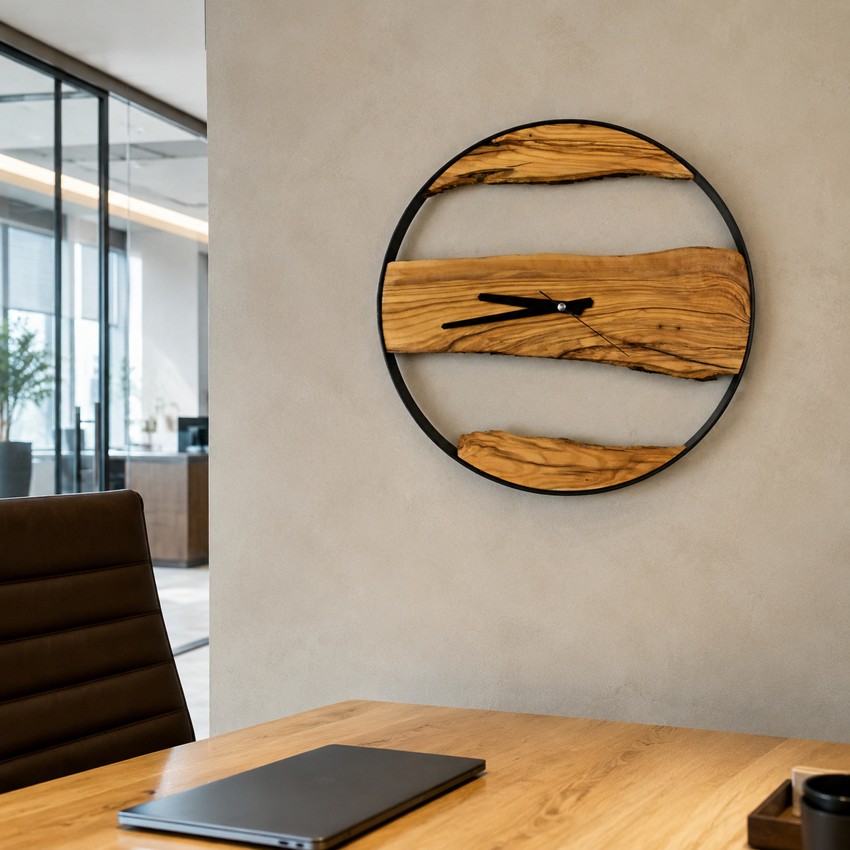 Olive Wood Wall Clock  Live Edge Wooden Clock in a Black Metal Ring Silent Modern Wall Decor