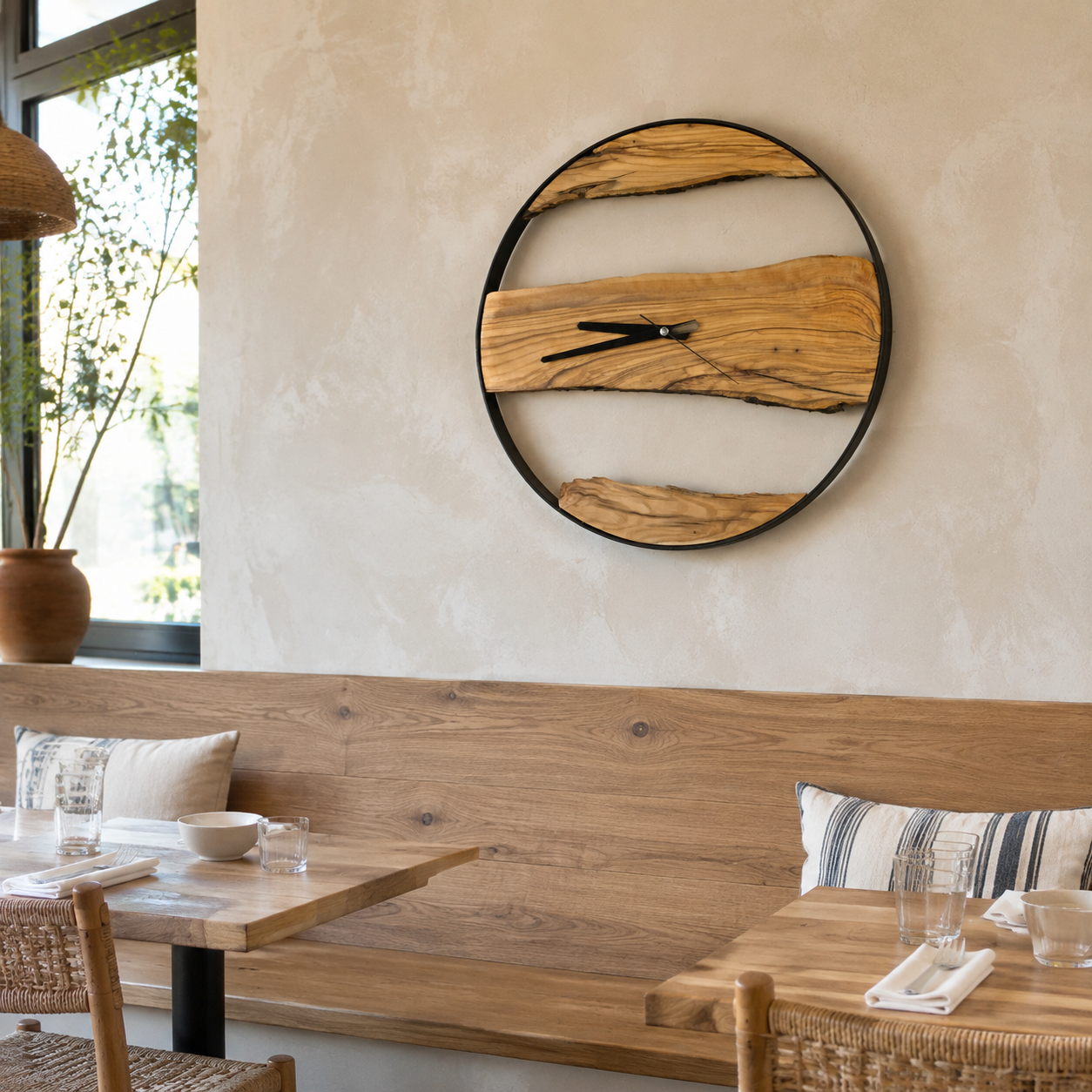 Olive Wood Wall Clock  Live Edge Wooden Clock in a Black Metal Ring Silent Modern Wall Decor