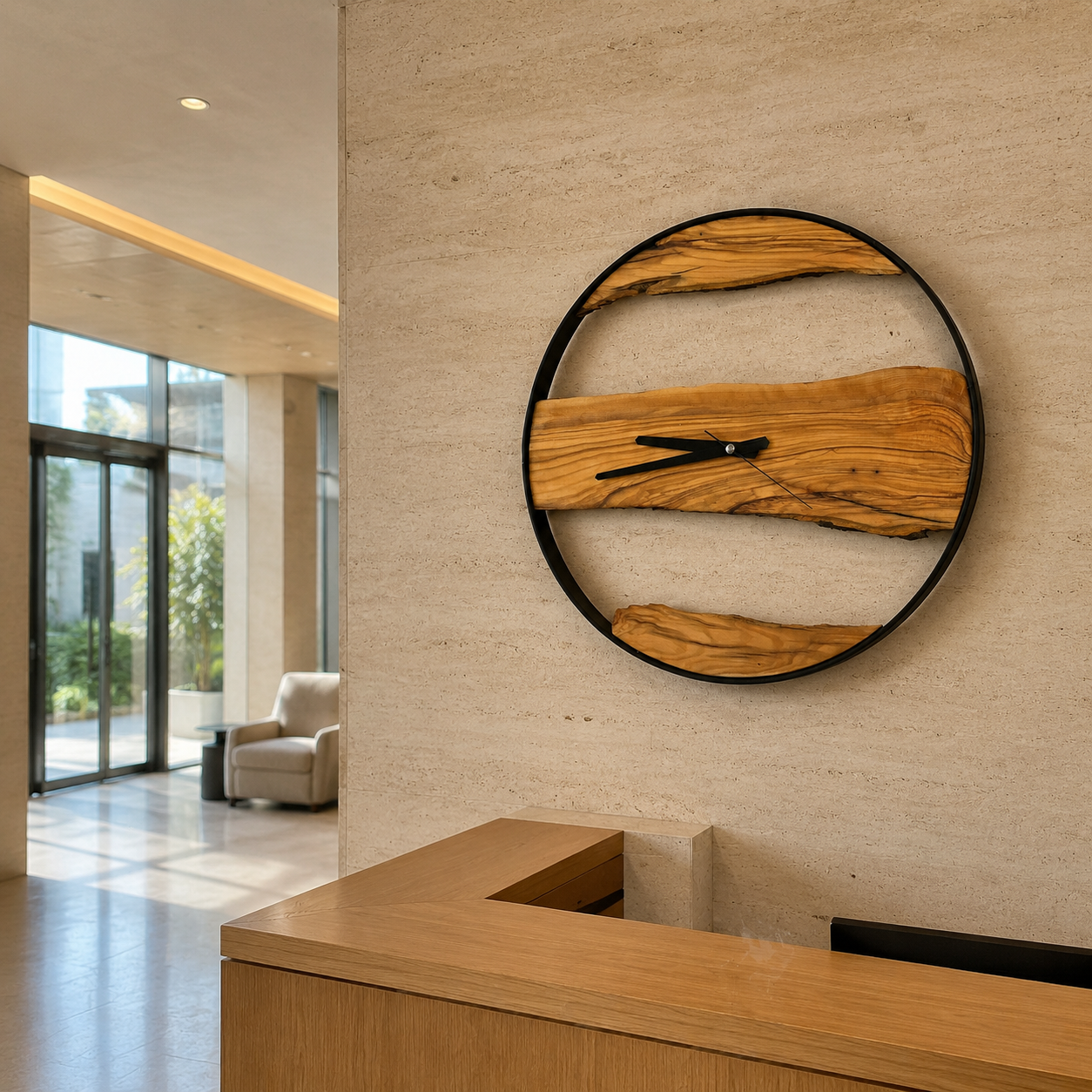 Olive Wood Wall Clock  Live Edge Wooden Clock in a Black Metal Ring Silent Modern Wall Decor