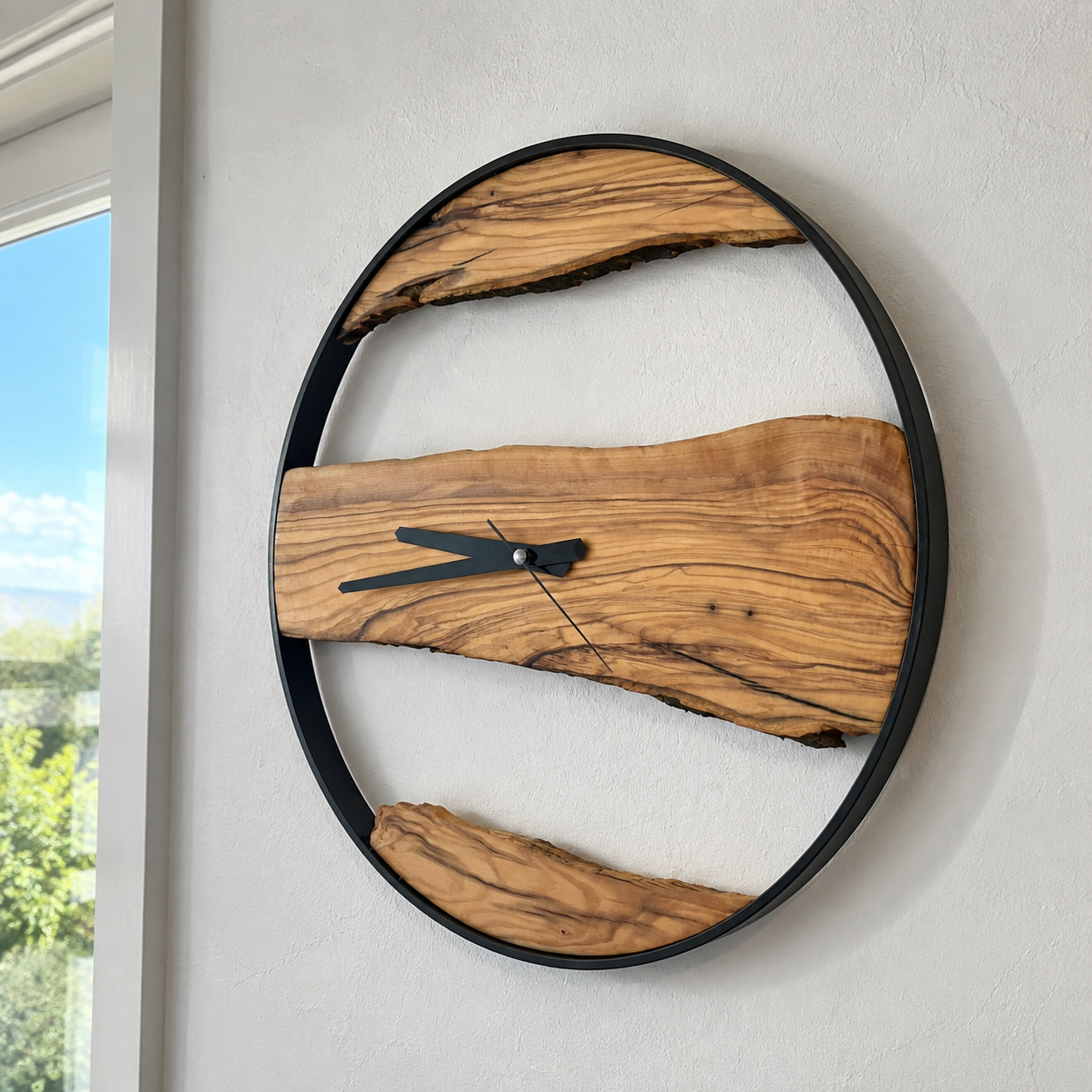 Olive Wood Wall Clock  Live Edge Wooden Clock in a Black Metal Ring Silent Modern Wall Decor