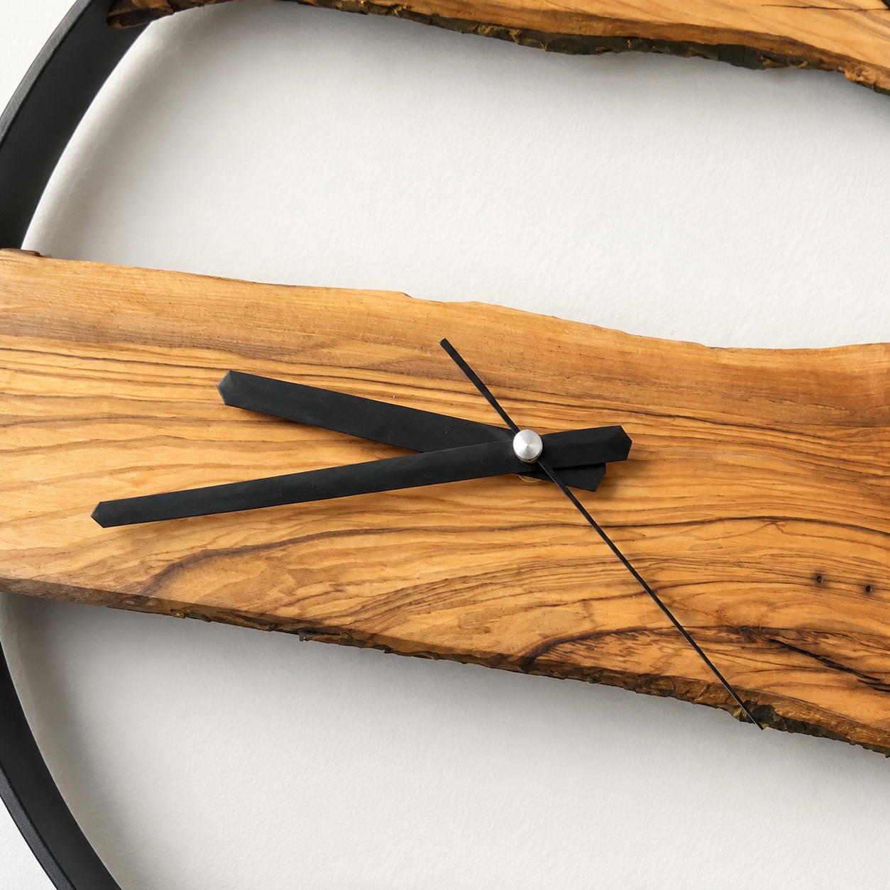 Olive Wood Wall Clock  Live Edge Wooden Clock in a Black Metal Ring Silent Modern Wall Decor