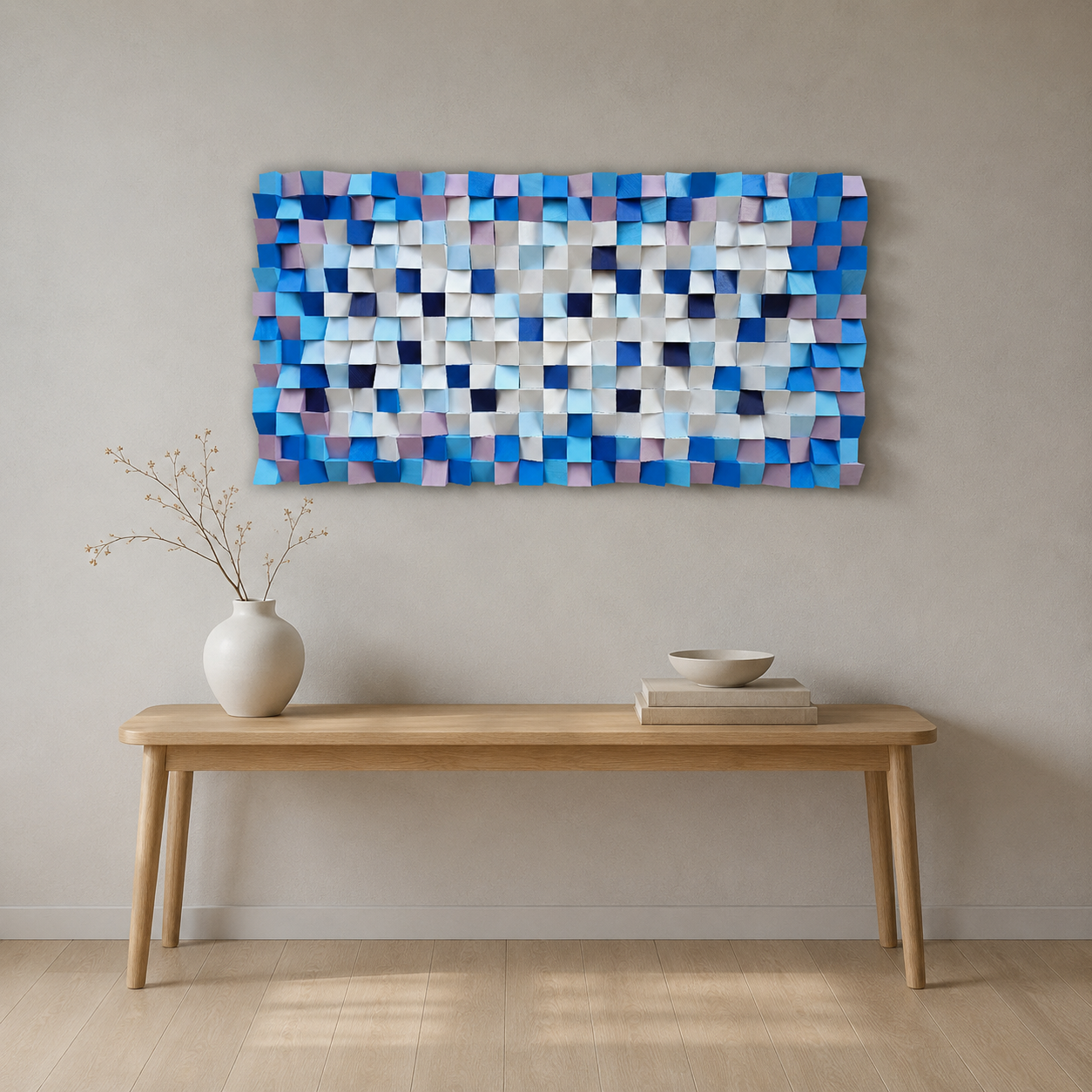 Neptun 3D Wood Mosaic Wall Art in Plum, Blush & Ivory Handmade Large Statement Wall Decor