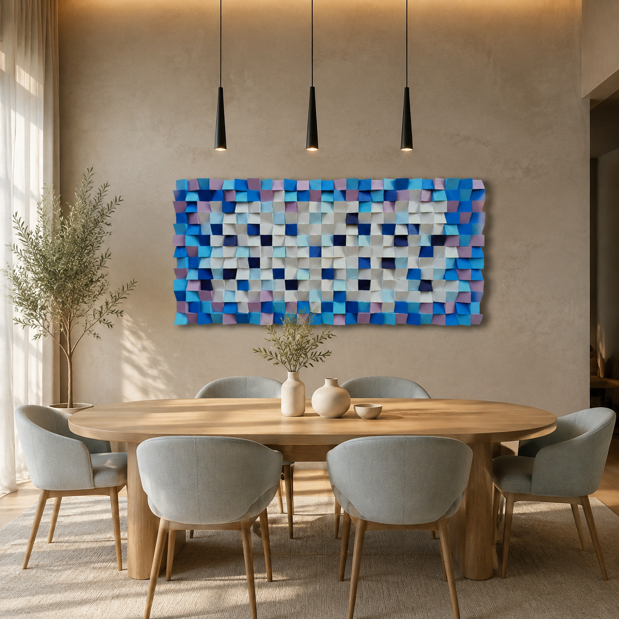 Neptun 3D Wood Mosaic Wall Art in Plum, Blush & Ivory Handmade Large Statement Wall Decor