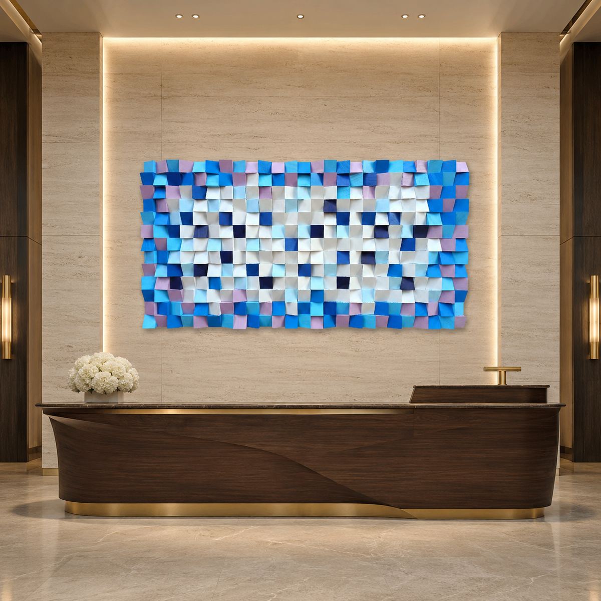 Neptun 3D Wood Mosaic Wall Art in Plum, Blush & Ivory Handmade Large Statement Wall Decor