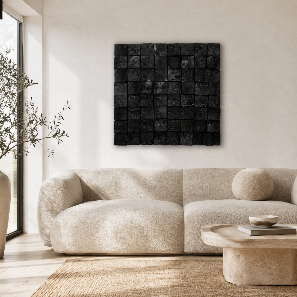 Od Black 3D Wood Mosaic Wall Art Handmade Charred Wood Acoustic Panel for Modern Interiors