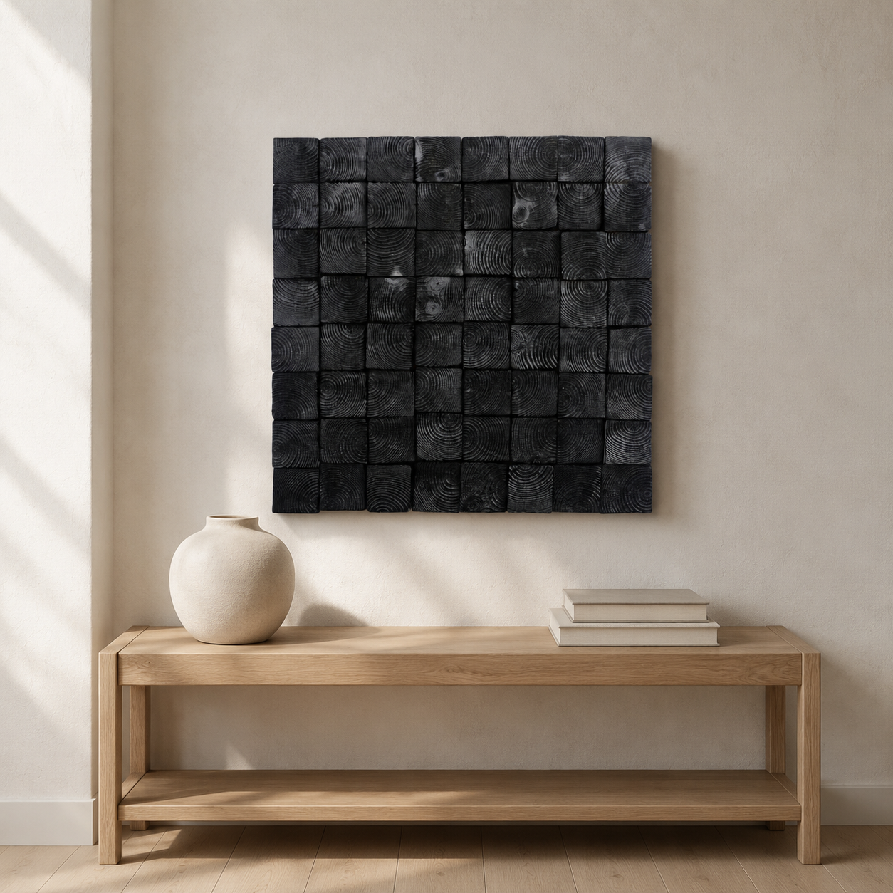 Od Black 3D Wood Mosaic Wall Art Handmade Charred Wood Acoustic Panel for Modern Interiors