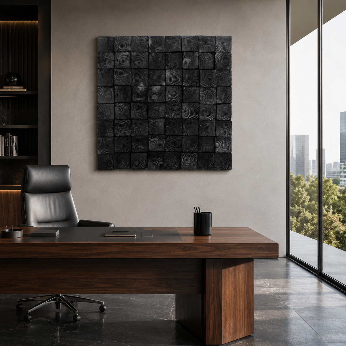 Od Black 3D Wood Mosaic Wall Art Handmade Charred Wood Acoustic Panel for Modern Interiors