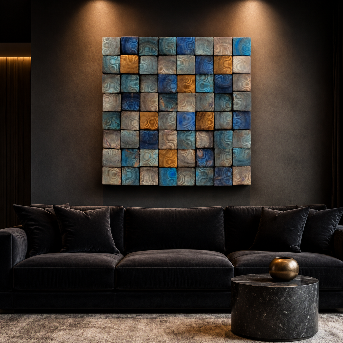 Od Blue 3D Wood Mosaic Wall Art Frame Handmade Charred Wood Acoustic Panel for Modern Interiors