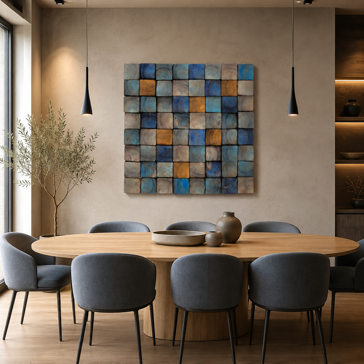 Od Blue 3D Wood Mosaic Wall Art Frame Handmade Charred Wood Acoustic Panel for Modern Interiors