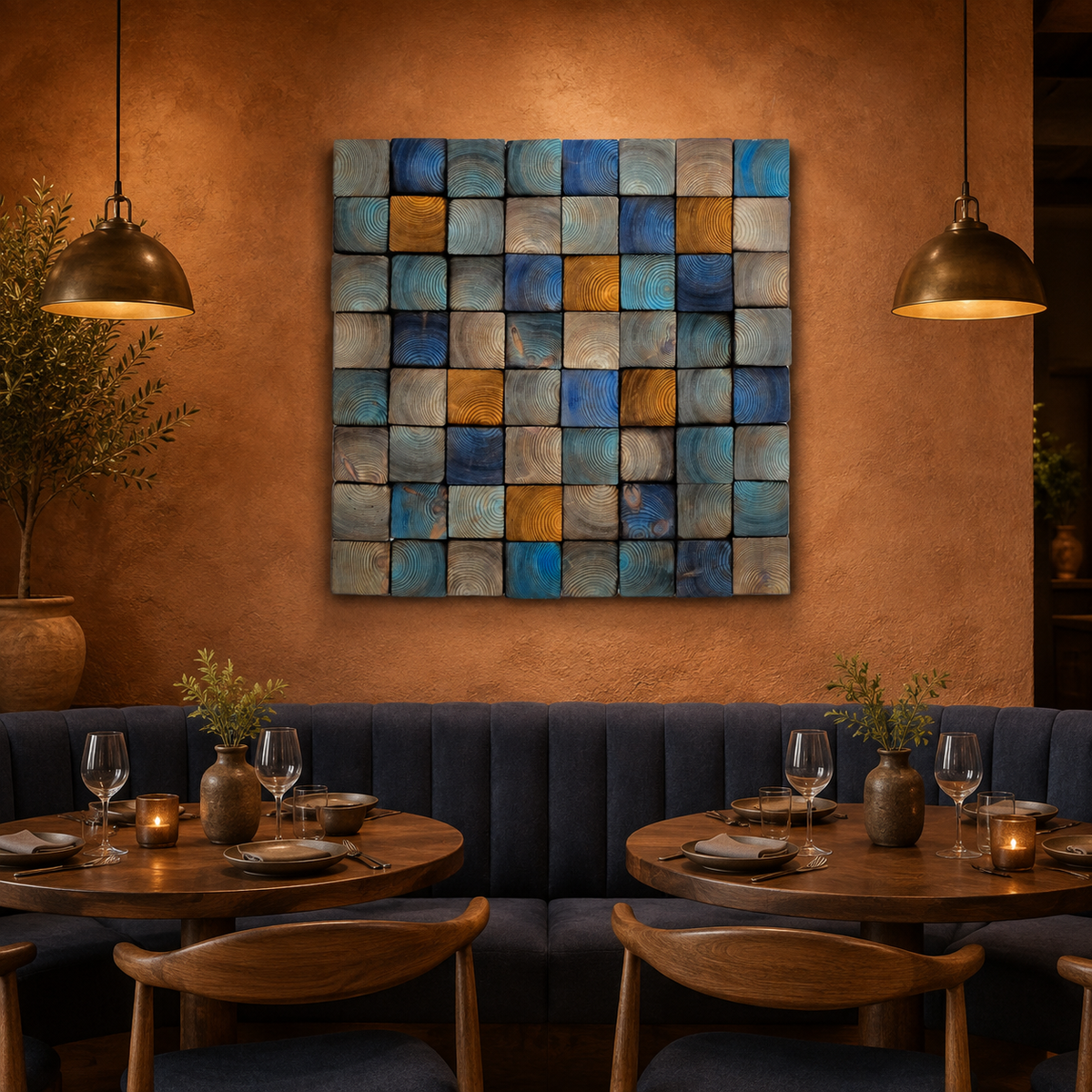 Od Blue 3D Wood Mosaic Wall Art Frame Handmade Charred Wood Acoustic Panel for Modern Interiors