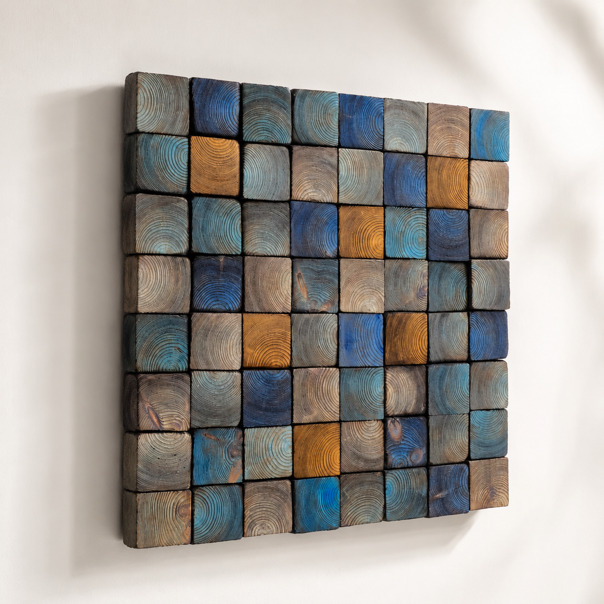 Od Blue 3D Wood Mosaic Wall Art Frame Handmade Charred Wood Acoustic Panel for Modern Interiors