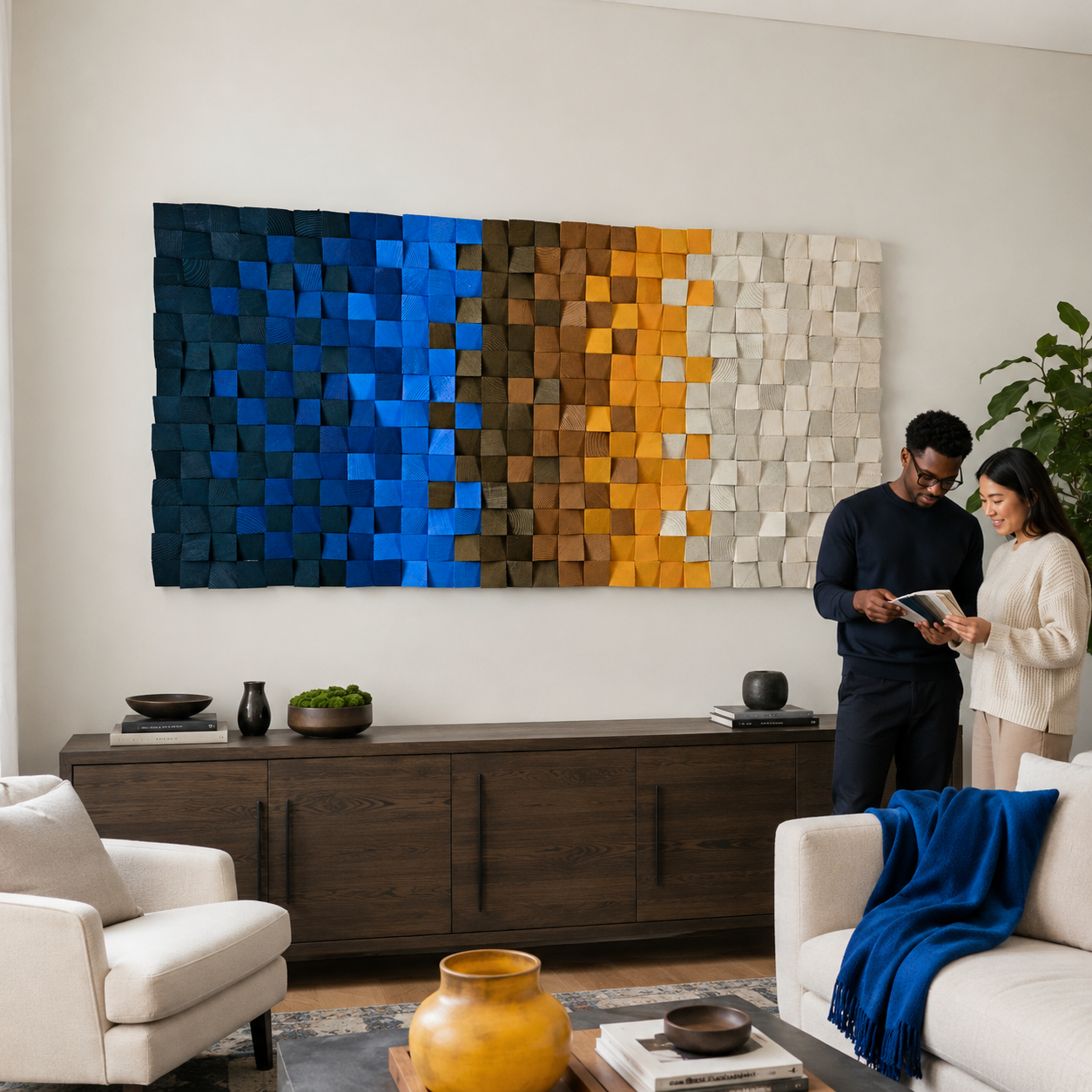 3D Wood Mosaic Wall Art Geometric Reclaimed Wood Statement Panel