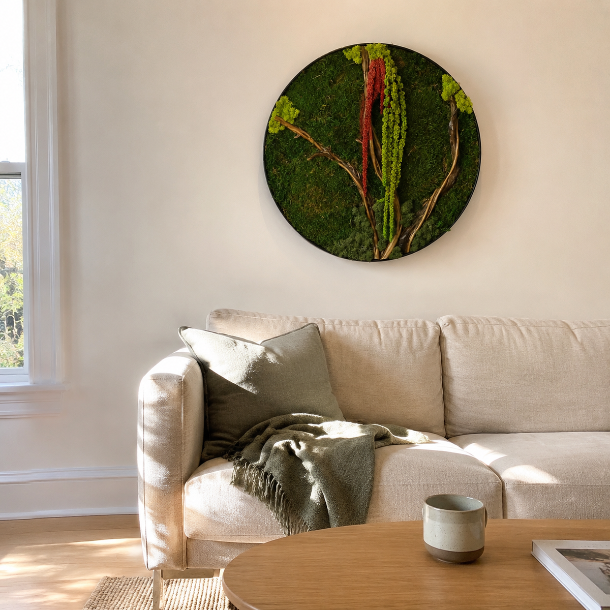 Round Moss Wall Art Preserved Moss & Driftwood Circle Panel, Black Frame
