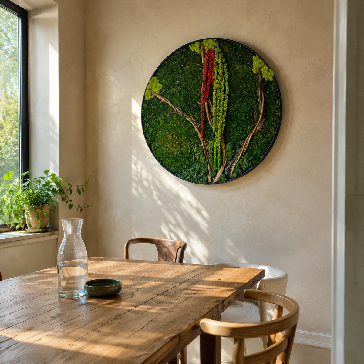 Round Moss Wall Art Preserved Moss & Driftwood Circle Panel, Black Frame