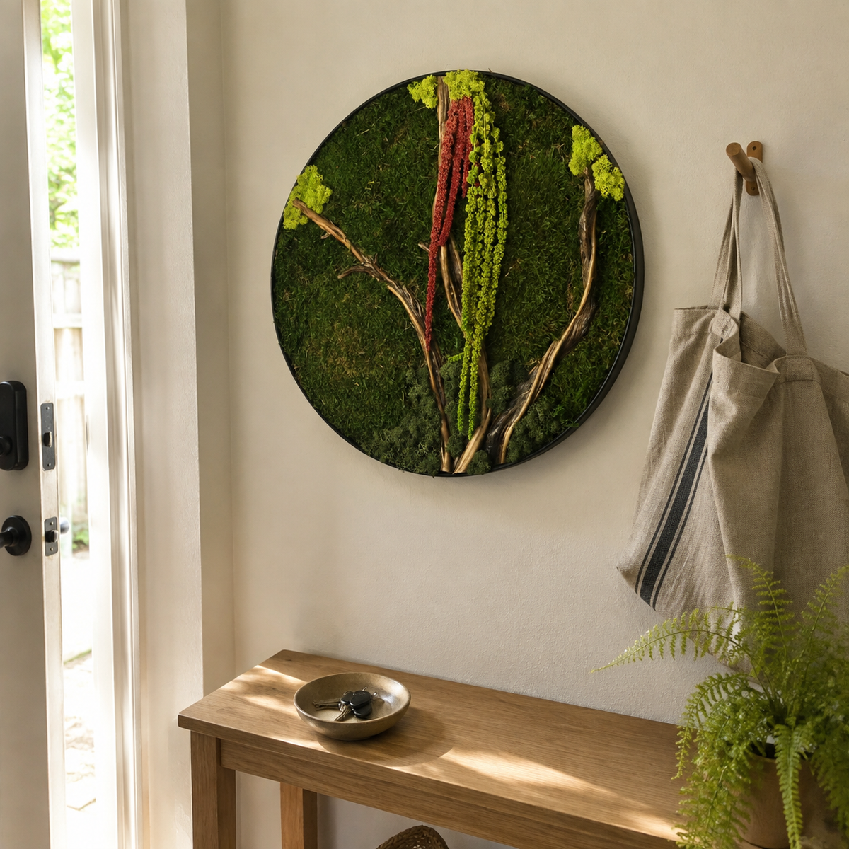 Round Moss Wall Art Preserved Moss & Driftwood Circle Panel, Black Frame