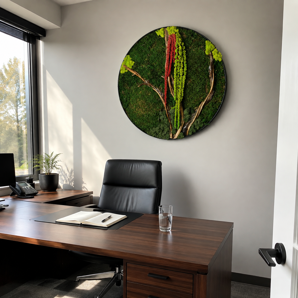 Round Moss Wall Art Preserved Moss & Driftwood Circle Panel, Black Frame