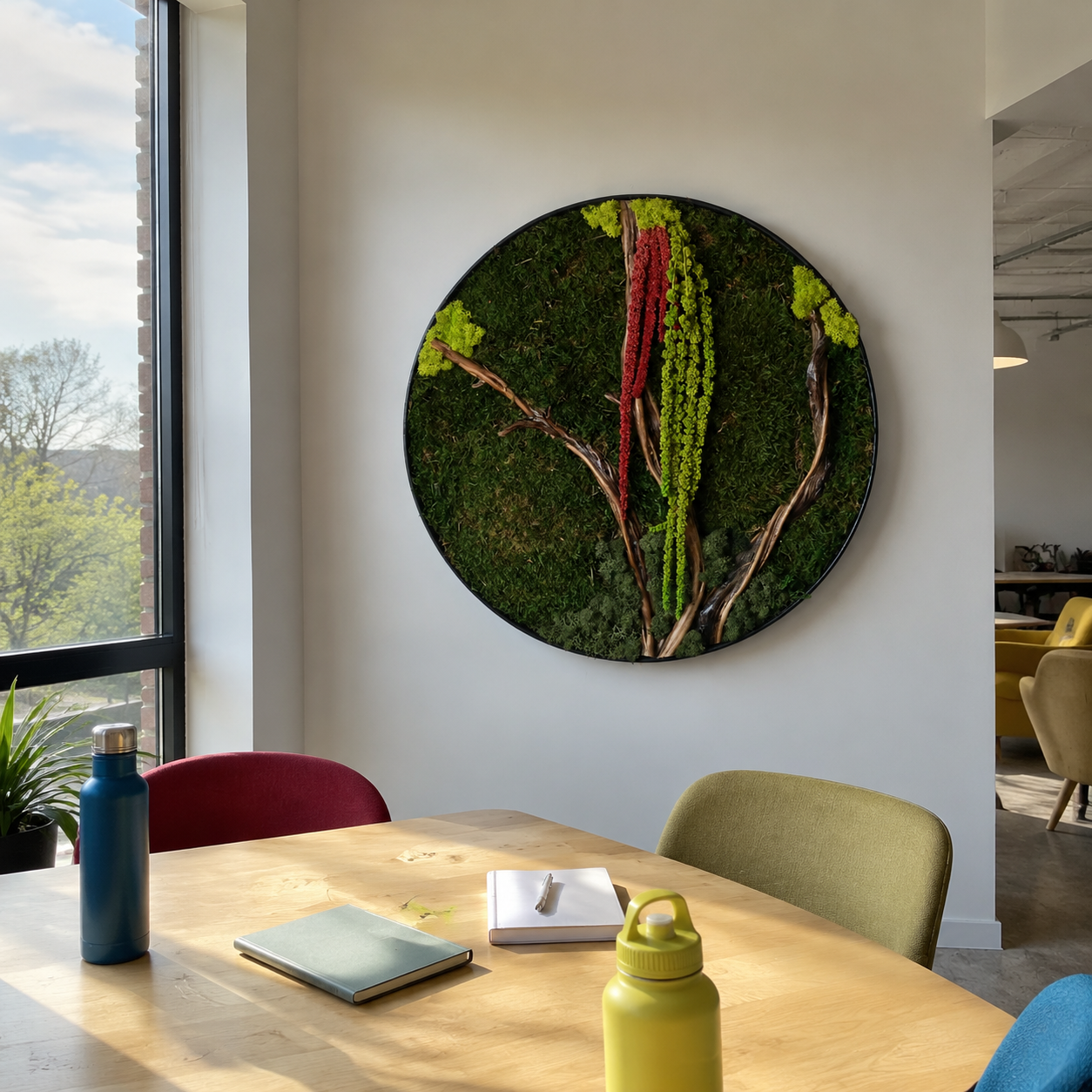 Round Moss Wall Art Preserved Moss & Driftwood Circle Panel, Black Frame